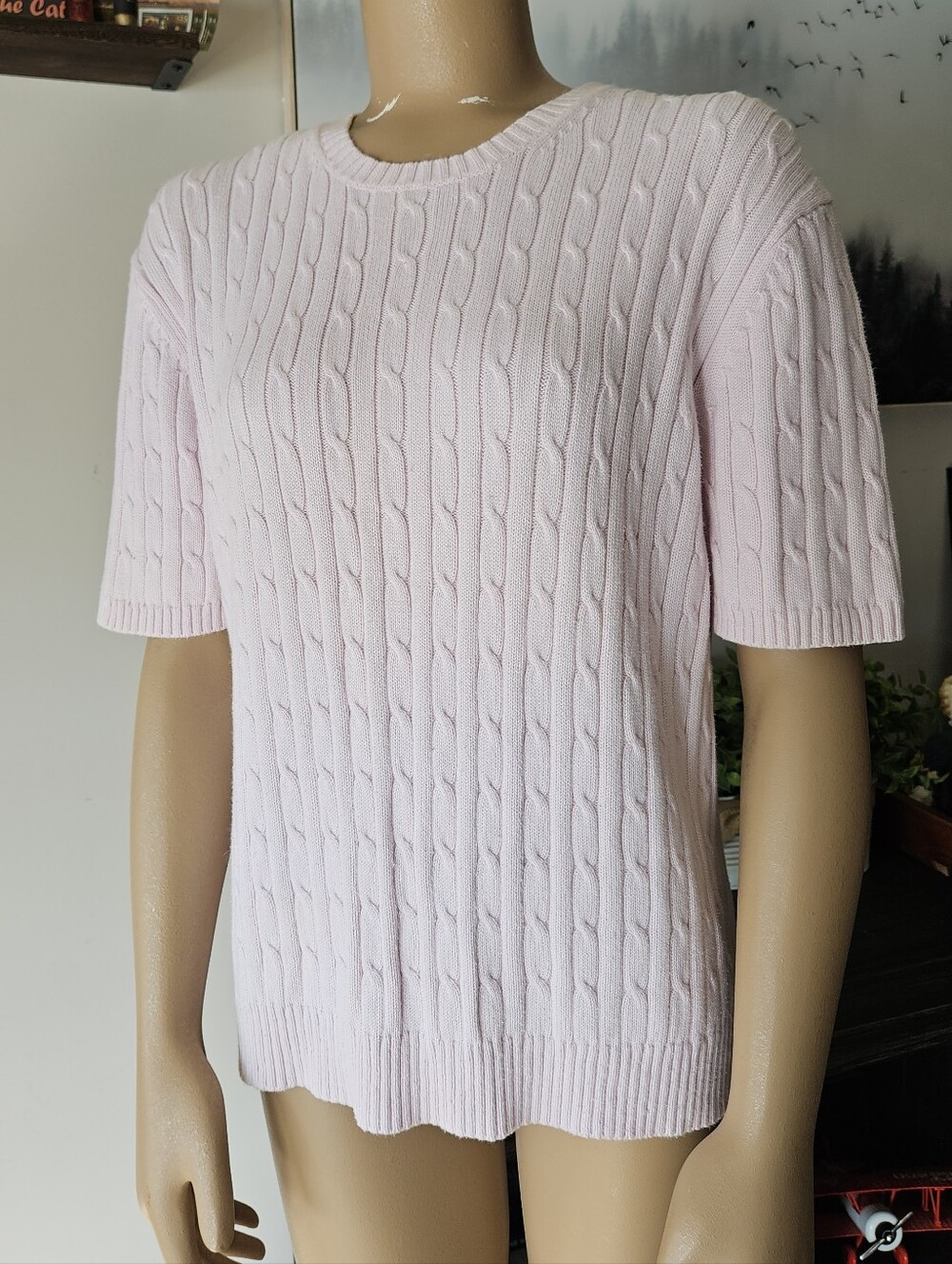 Brooks Brothers Light Pink Cable Knit Short Sleeve Sweater Academia Cottage XL
